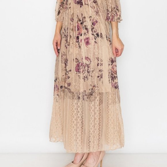 NEW ORIGAMI all lace lined MAXI DRESS western hippie gypsy SM-3X roses MAGNOLIA - Picture 2 of 6